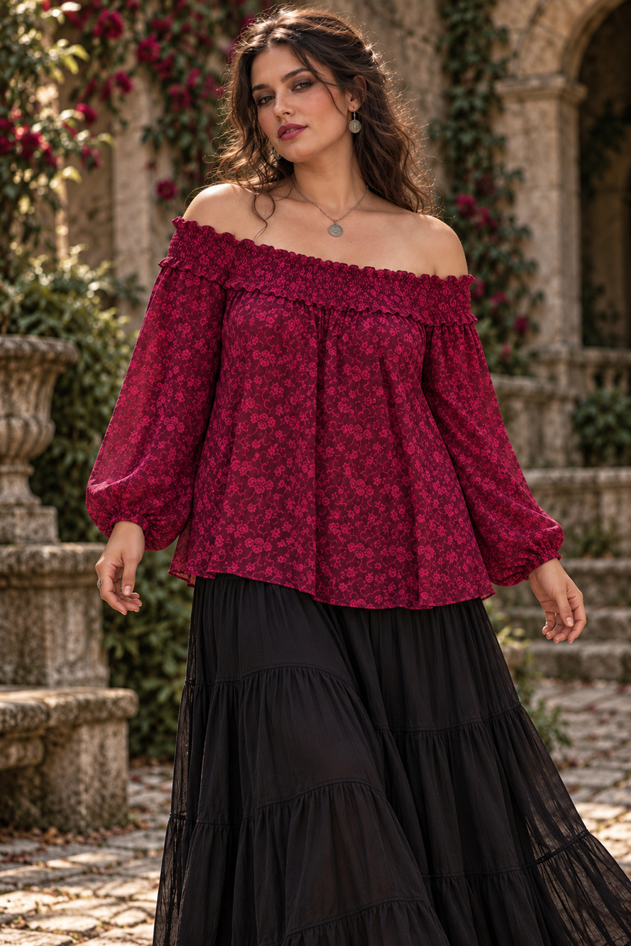 Lane Bryant Top Blouse Womens 18/20 2X Burgundy Floral Flowy Dark Romantic Boho